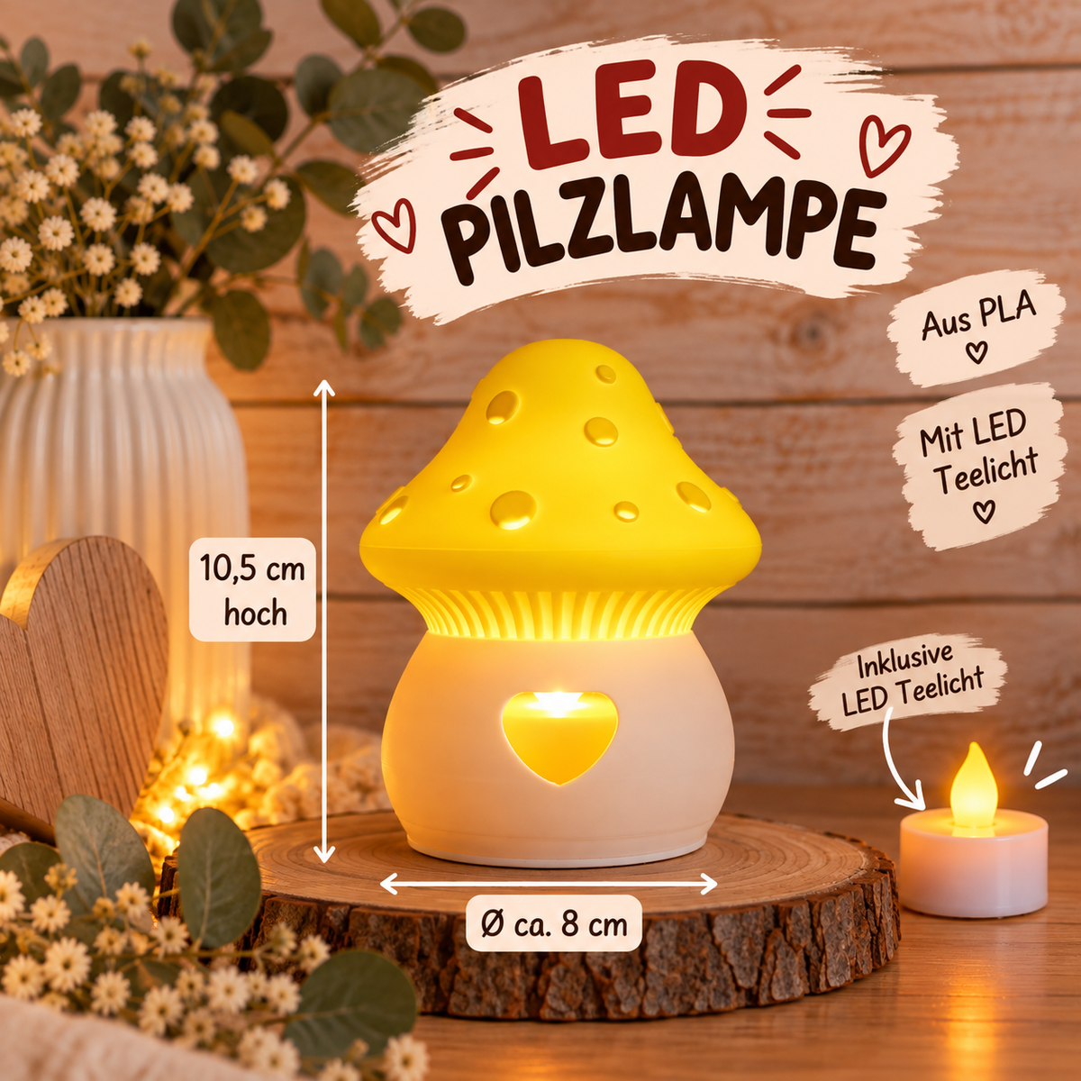 LED Pilzlampe aus PLA – gemütliche Dekolampe mit Herzlicht und LED-Teelicht 🍄💛