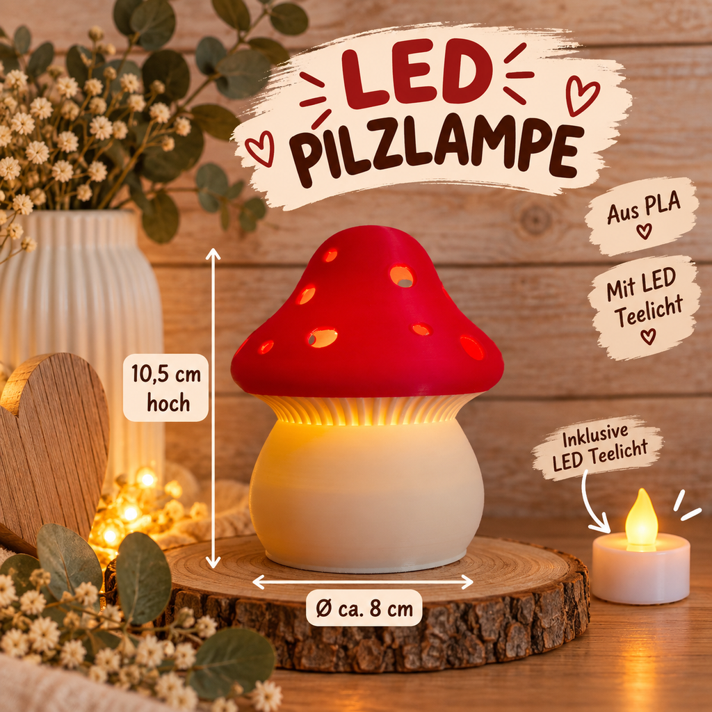 LED Pilzlampe aus PLA – gemütliche Dekolampe mit LED-Teelicht 🍄✨