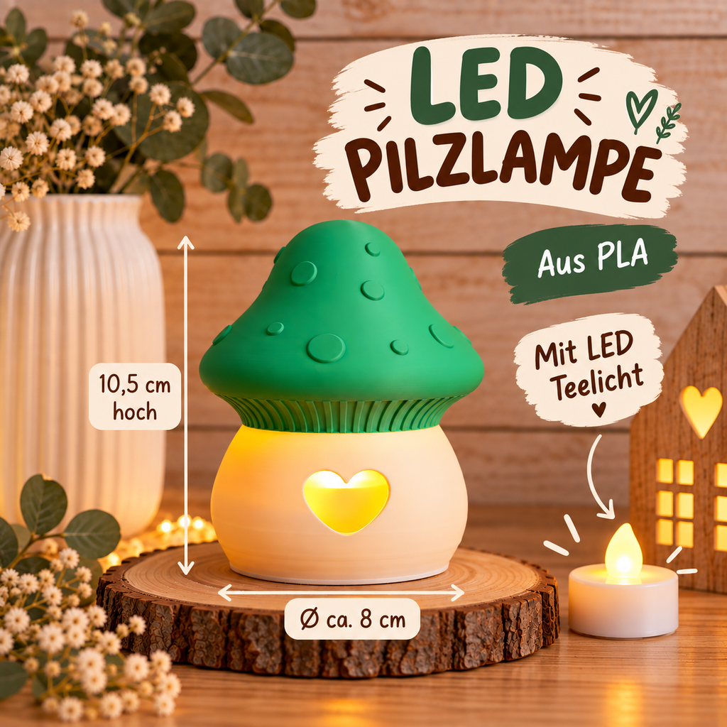 LED Pilzlampe aus PLA mit Herzlicht – Dekolampe mit LED Teelicht | Süße Pilz-Lampe als Geschenk