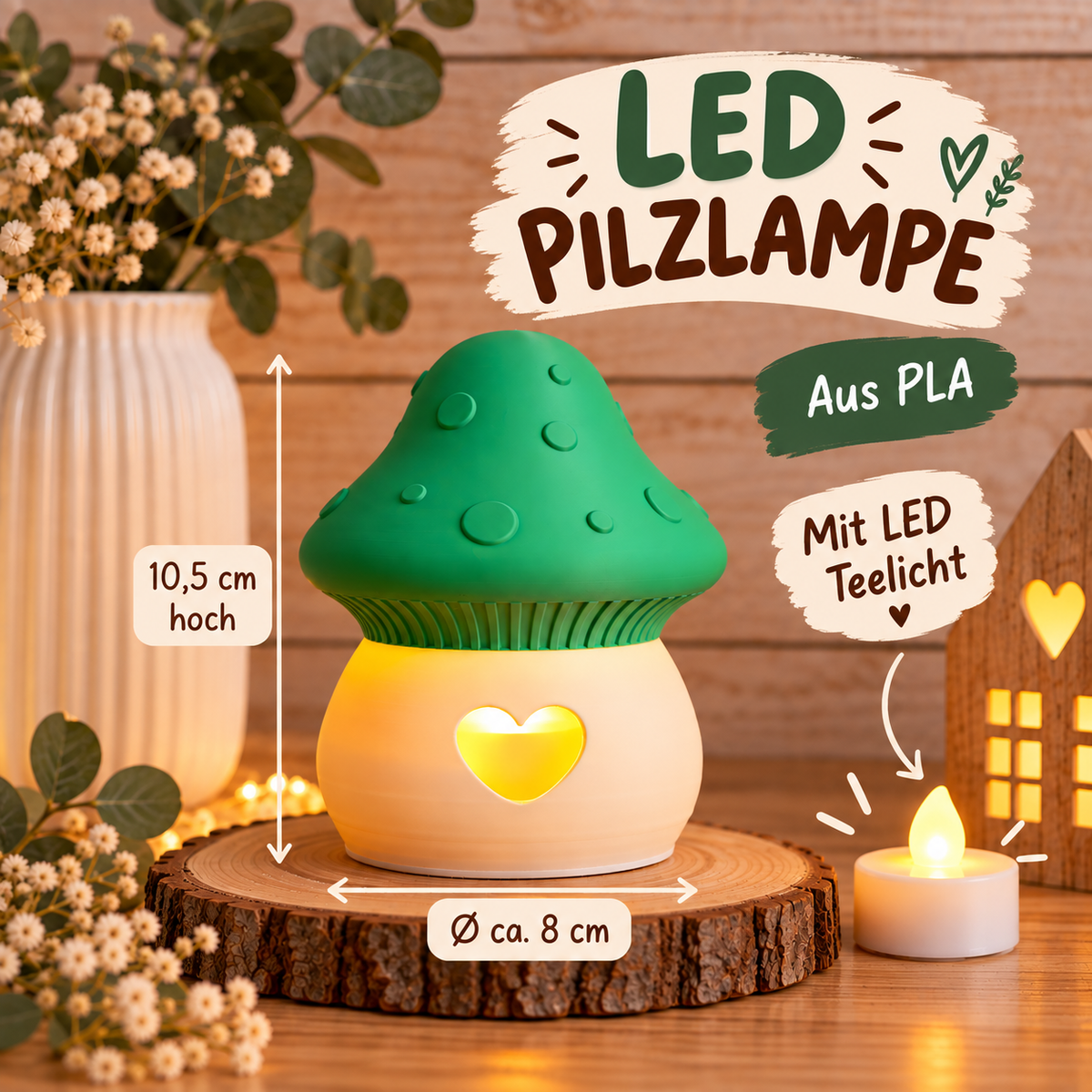 LED Pilzlampe aus PLA mit Herzlicht – Dekolampe mit LED Teelicht | Süße Pilz-Lampe als Geschenk