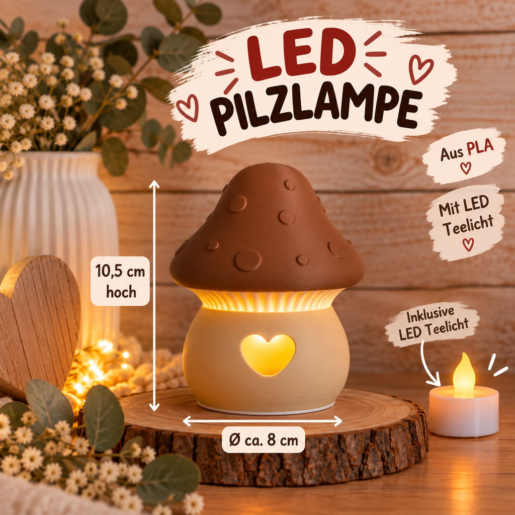 LED Pilzlampe aus PLA – gemütliche Dekolampe mit Herzlicht und LED-Teelicht