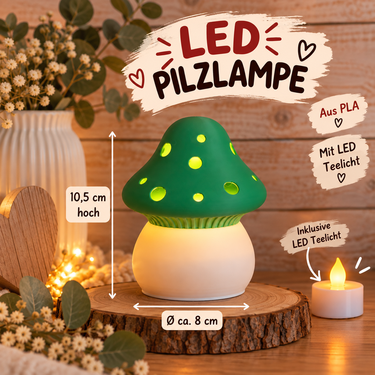 LED Pilzlampe aus PLA – gemütliche Dekolampe mit LED-Teelicht
