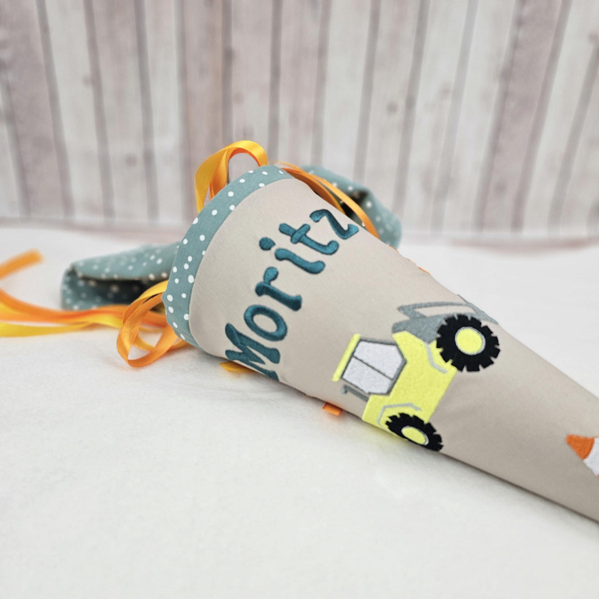 Kindergartentüte Baustelle personalisiert mit Namen, Stoff Kindergartentüte für Jungen, Zuckertüte Kindergarten, Bagger