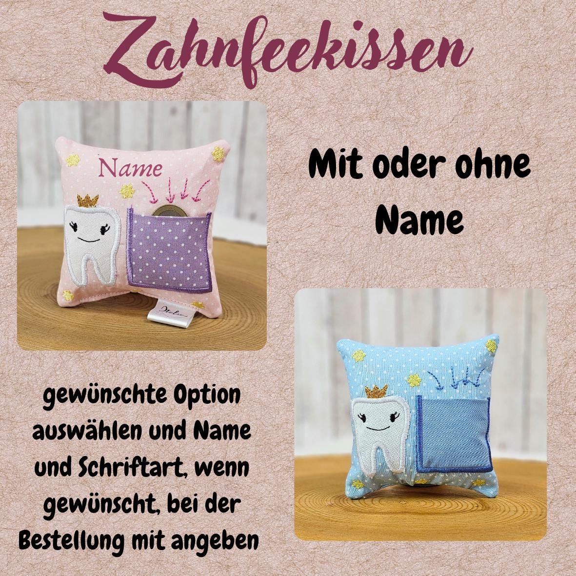 Zahnfeekissen, Zahnfee Kissen für Kinder, Zahnkissen mit Zahntasche, Zahnfee Geschenk, Milchzahn Kissen, handgemacht, Geschenk für Kinder