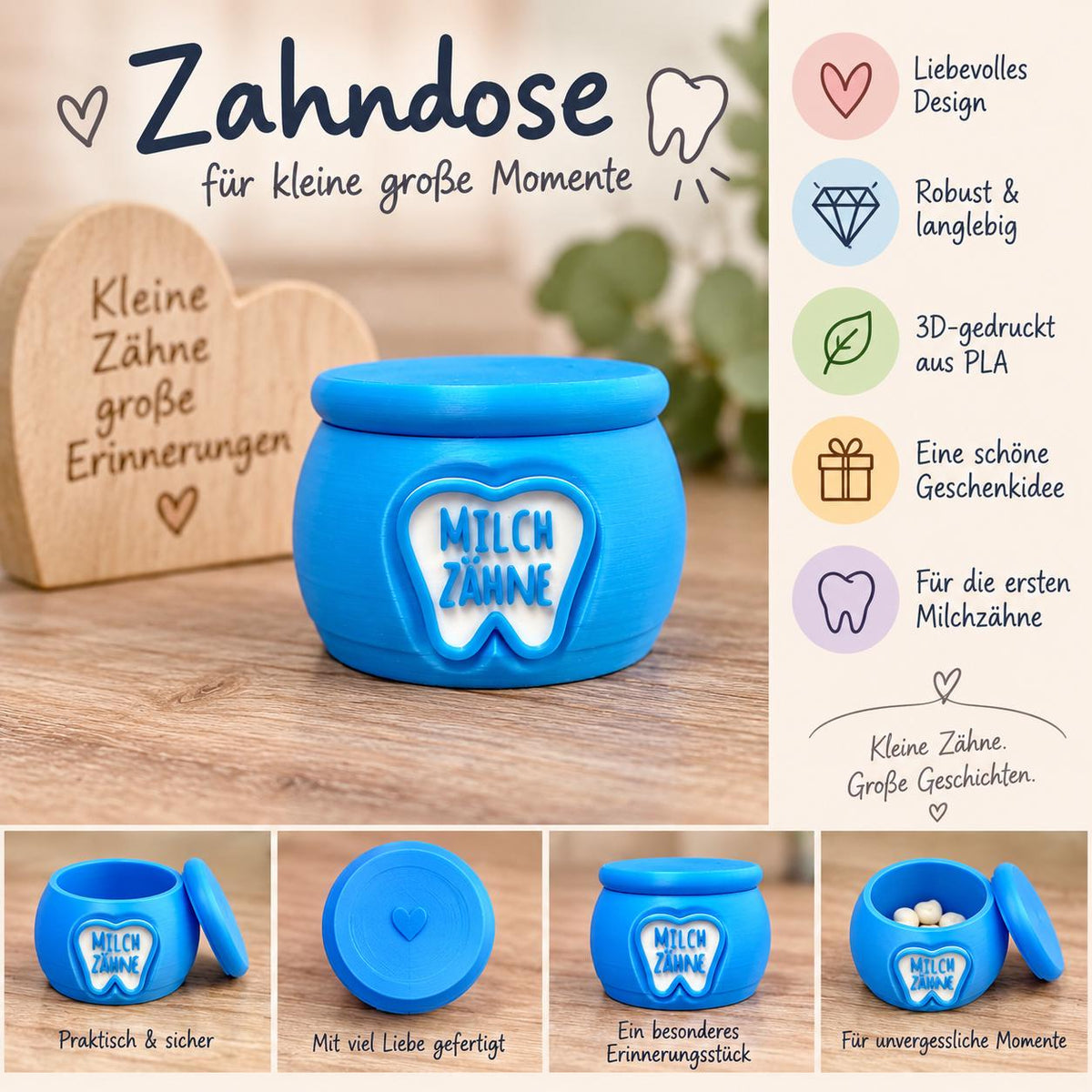Zahndose für Milchzähne – schöne Erinnerung an die ersten Zähne und in verschiedenen Farben erhältlich