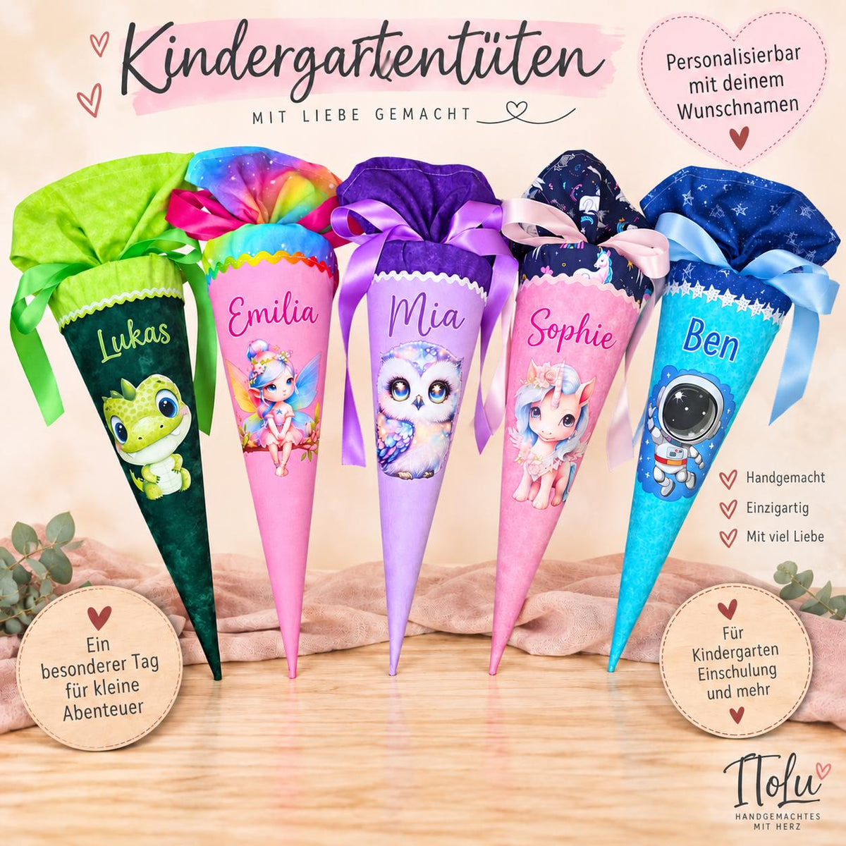 Kindergartentüte Dino Grün, handgemachte Geschwistertüte für Jungen im Dinosaurier-Design