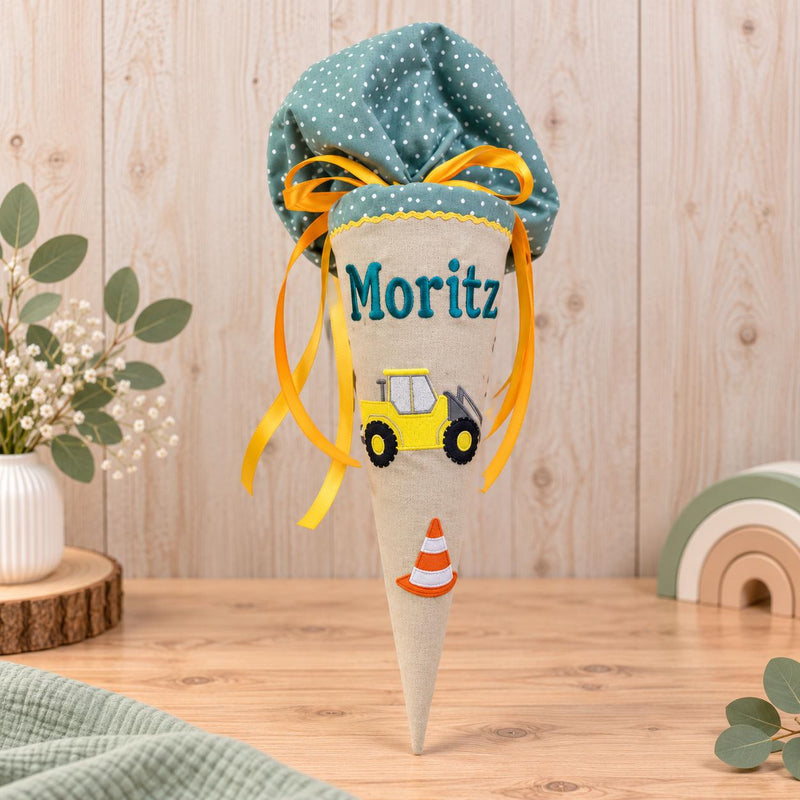 Kindergartentüte Baustelle personalisiert mit Namen, Stoff Kindergartentüte für Jungen, Zuckertüte Kindergarten, Bagger