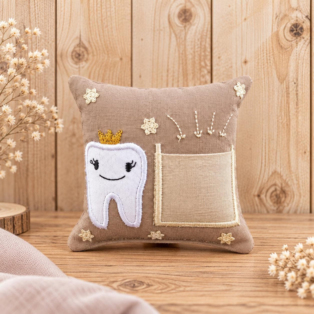 Zahnfeekissen braun 11×11 cm – Handgemacht mit Tasche | Zahnfee Geschenk für Kinder