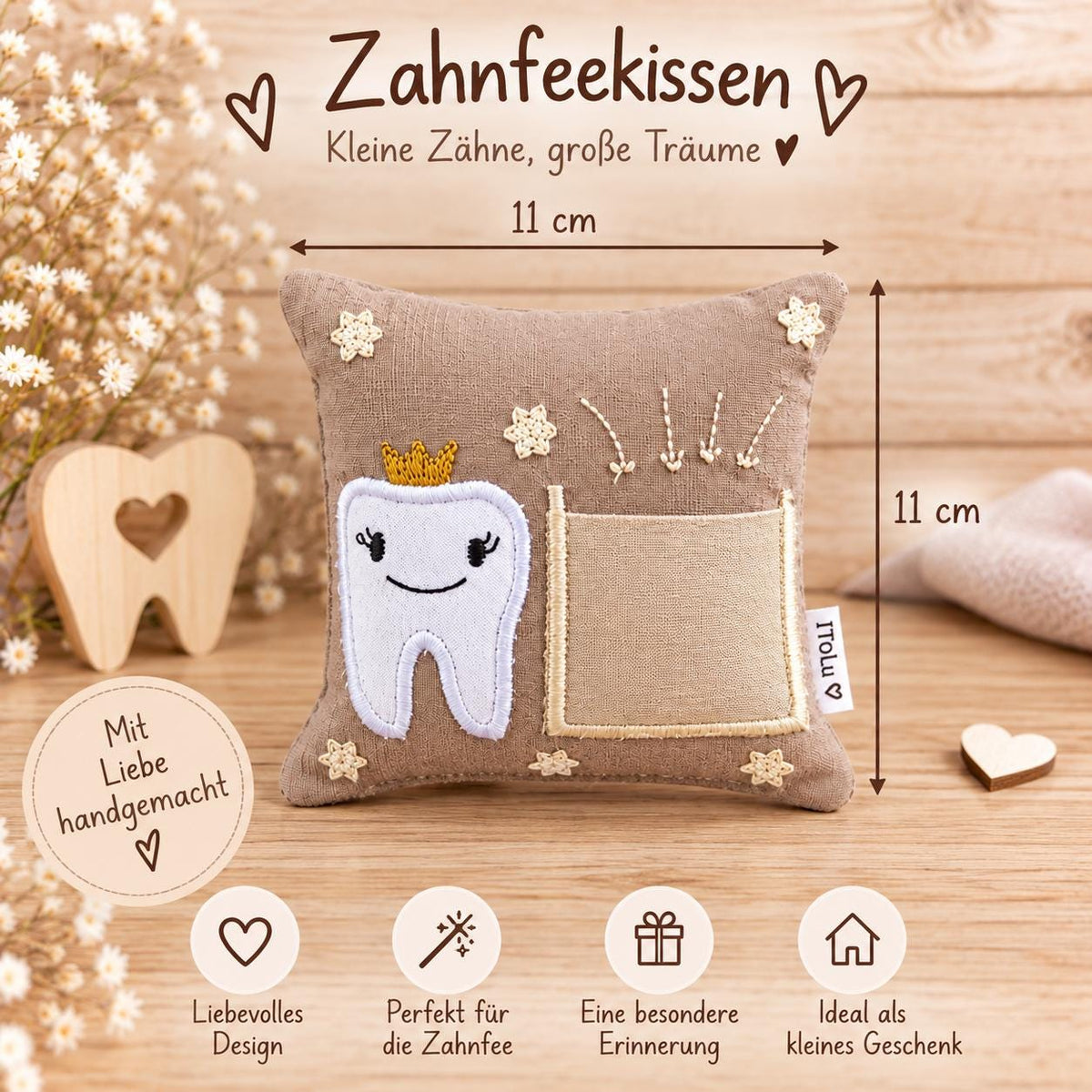 Zahnfeekissen braun 11×11 cm – Handgemacht mit Tasche | Zahnfee Geschenk für Kinder