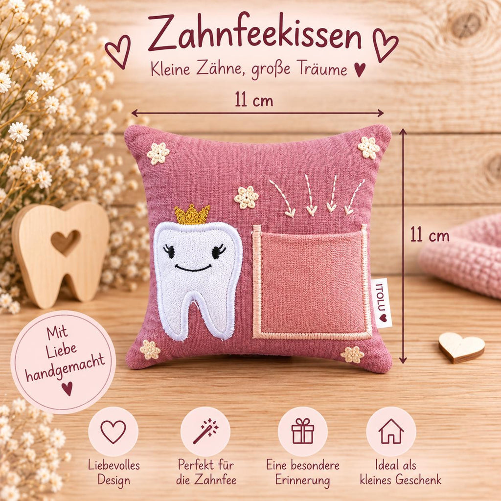 Zahnfeekissen altrosa 11×11 cm – Handgemacht mit Tasche | Zahnfee Geschenk für Kinder