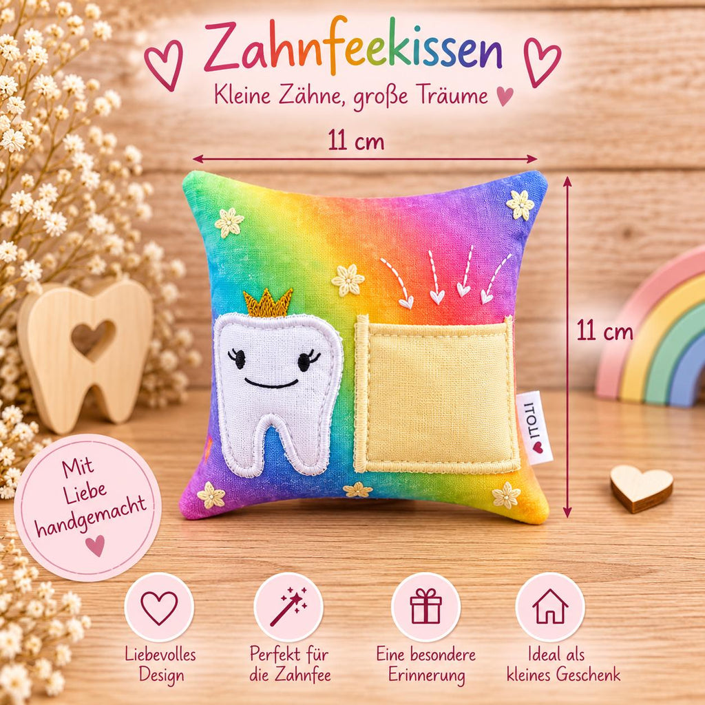 Zahnfeekissen Regenbogen 11×11 cm – Handgemacht mit Tasche | Zahnfee Geschenk für Kinder