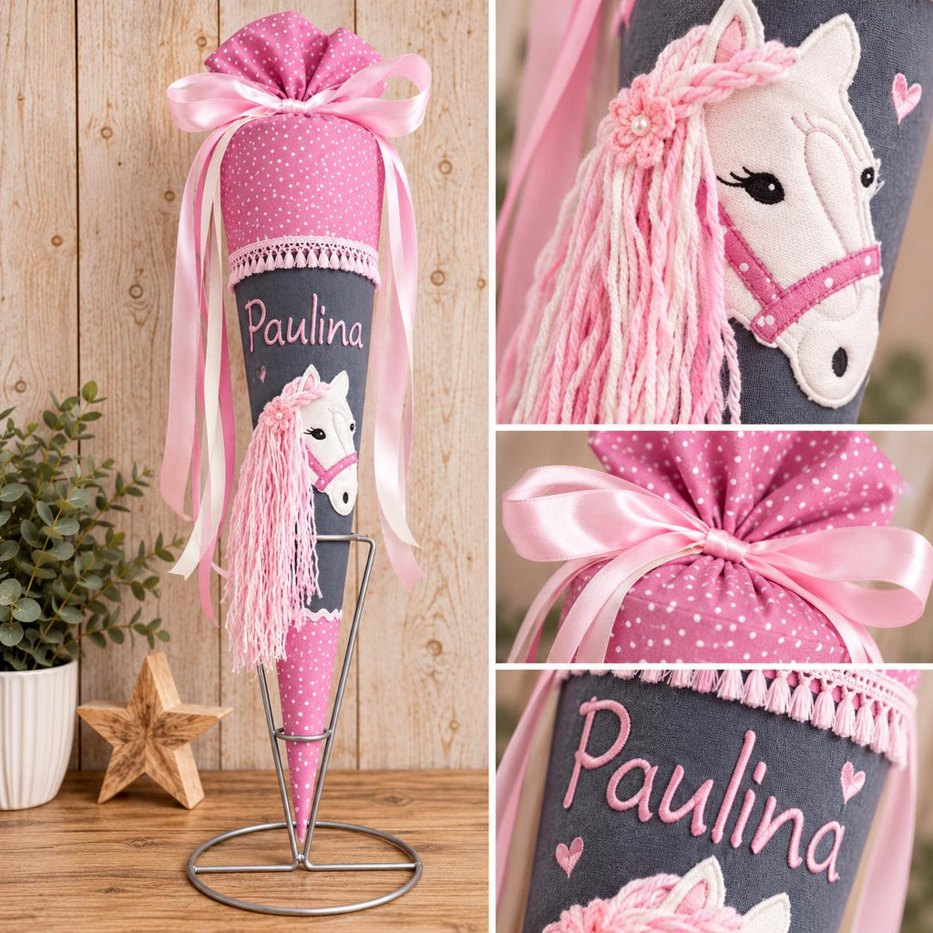 Schultüte Pferd personalisiert mit Namen, Stoff Zuckertüte Mädchen, Pferde Schultüte zur Einschulung, Reiterin Geschenk