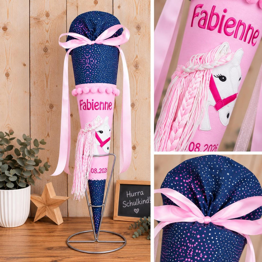 Schultüte passend zum Ergobag Bärlaxy, Pferde Schultüte personalisiert, Stoff Zuckertüte Mädchen, Schultüte mit Namen