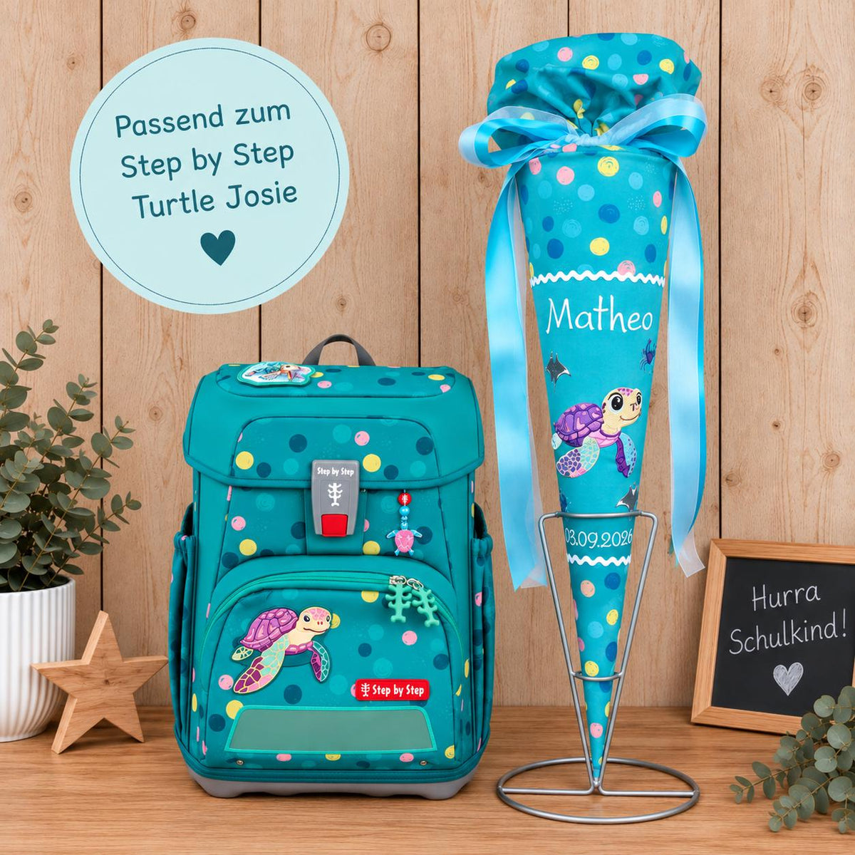 Schultüte mit Schildkrötenmotiv passend zum Step by Step Turtle Josie, personalisierte Stoff Schultüte, Zuckertüte zur Einschulung