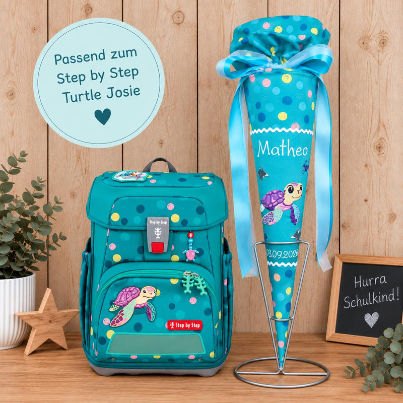 Schultüte mit Schildkrötenmotiv passend zum Step by Step Turtle Josie, personalisierte Stoff Schultüte, Zuckertüte zur Einschulung