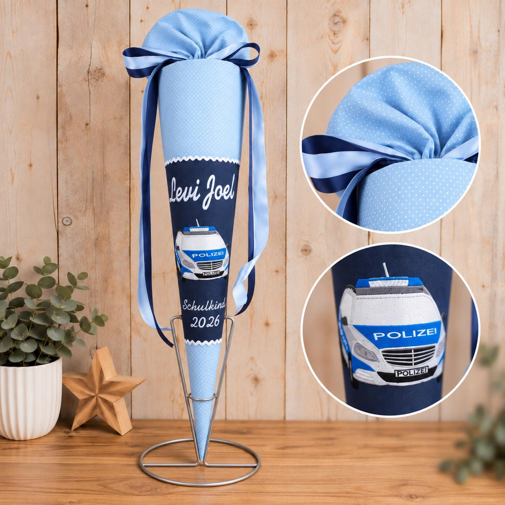 Schultüte Polizei Junge personalisiert mit Name, blaue Zuckertüte zur Einschulung, Stoff Schultüte