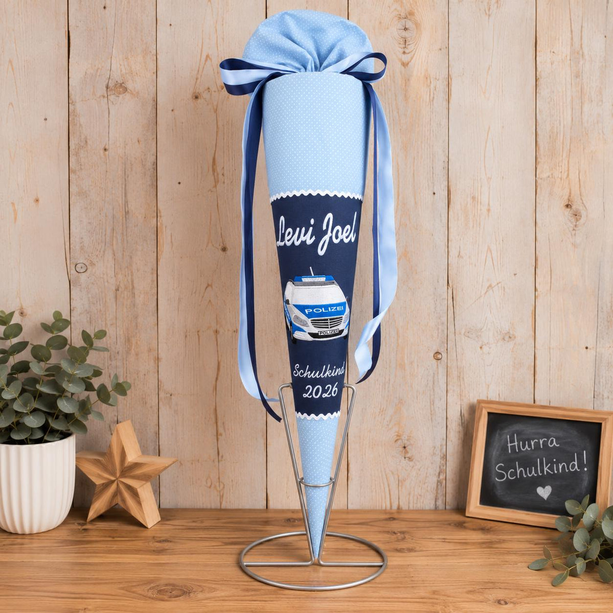 Schultüte Polizei Junge personalisiert mit Name, blaue Zuckertüte zur Einschulung, Stoff Schultüte