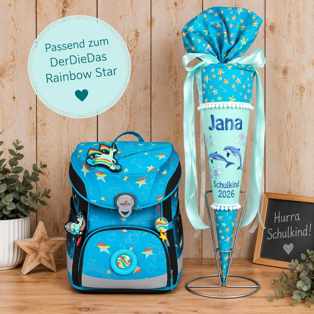 Delfin Schultüte passend zum DerDieDas Rainbow Star, personalisierte Zuckertüte mit Name zur Einschulung