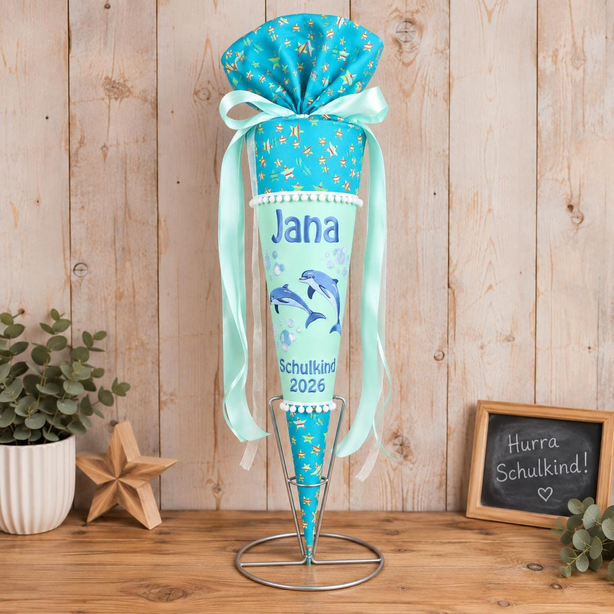 Delfin Schultüte passend zum DerDieDas Rainbow Star, personalisierte Zuckertüte mit Name zur Einschulung