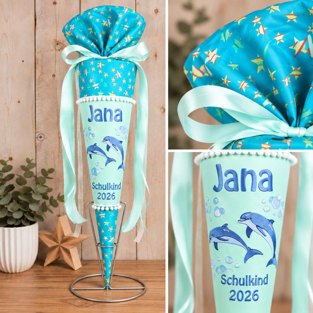 Delfin Schultüte passend zum DerDieDas Rainbow Star, personalisierte Zuckertüte mit Name zur Einschulung