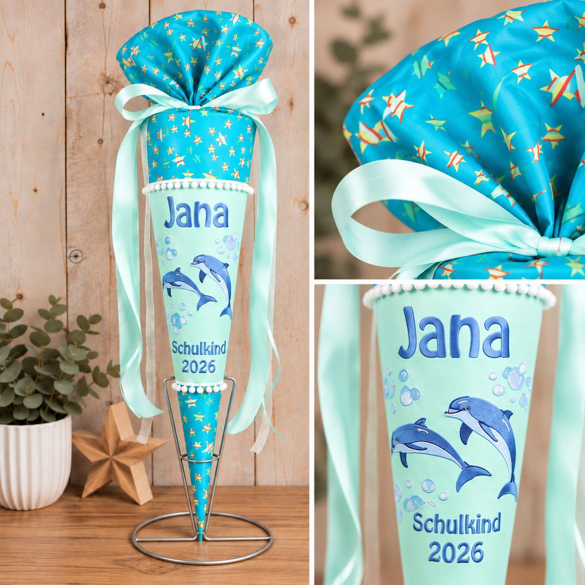Delfin Schultüte passend zum DerDieDas Rainbow Star, personalisierte Zuckertüte mit Name zur Einschulung