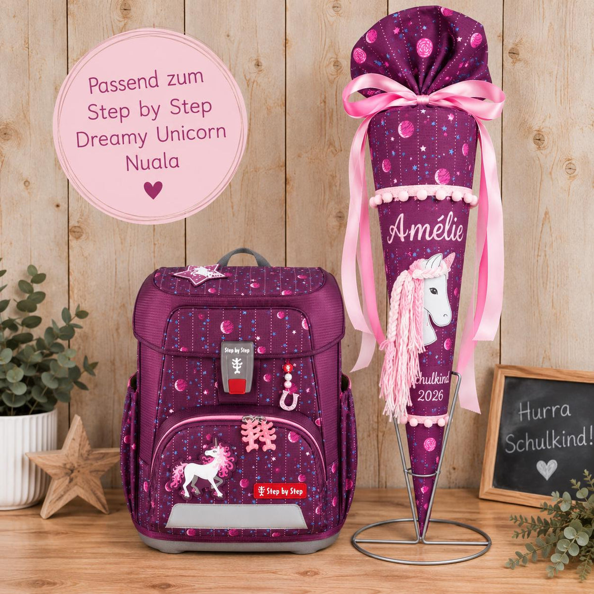 Schultüte Einhorn passend zum Step by Step Dreamy Unicorn Nuala, personalisierte Zuckertüte mit Name zur Einschulung