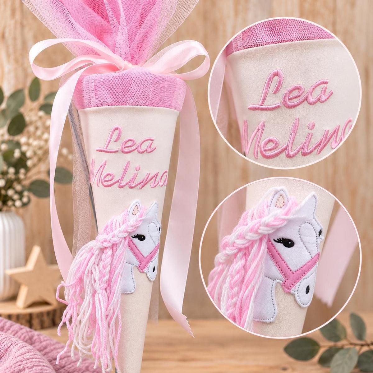 Kindergartentüte Pferd personalisiert, Stoff Kindergartentüte mit Namen, Kindergartenstart, Mädchen Geschenk Kindergarten