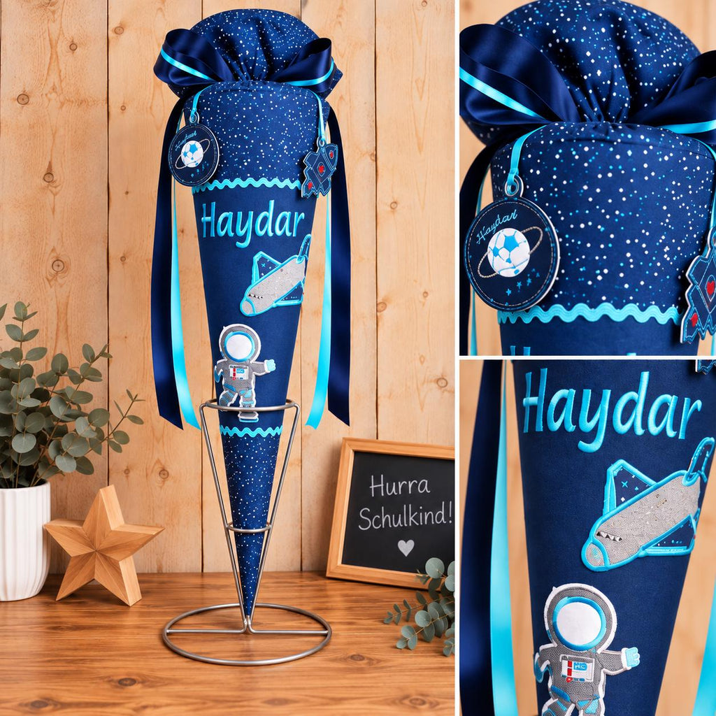 Schultüte Weltraum Rakete personalisiert, passend zum Step by Step Sky Rocket, Stoffschultüte Einschulung, Zuckertüte Junge, mit Anhänger
