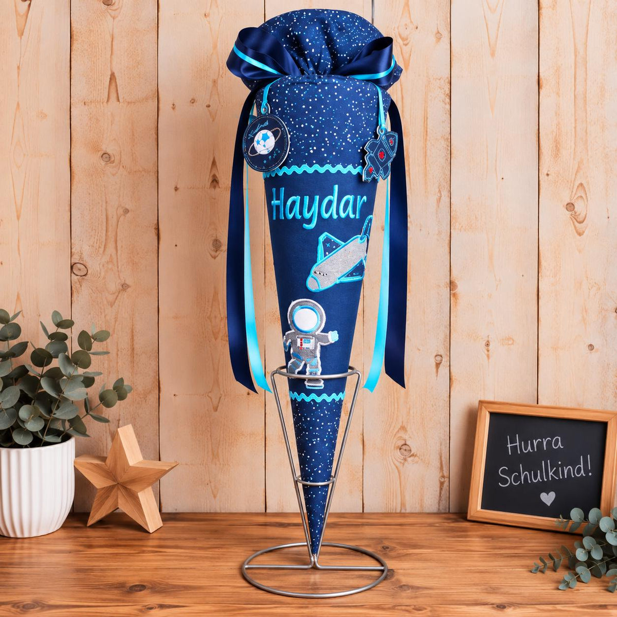 Schultüte Weltraum Rakete personalisiert, passend zum Step by Step Sky Rocket, Stoffschultüte Einschulung, Zuckertüte Junge, mit Anhänger