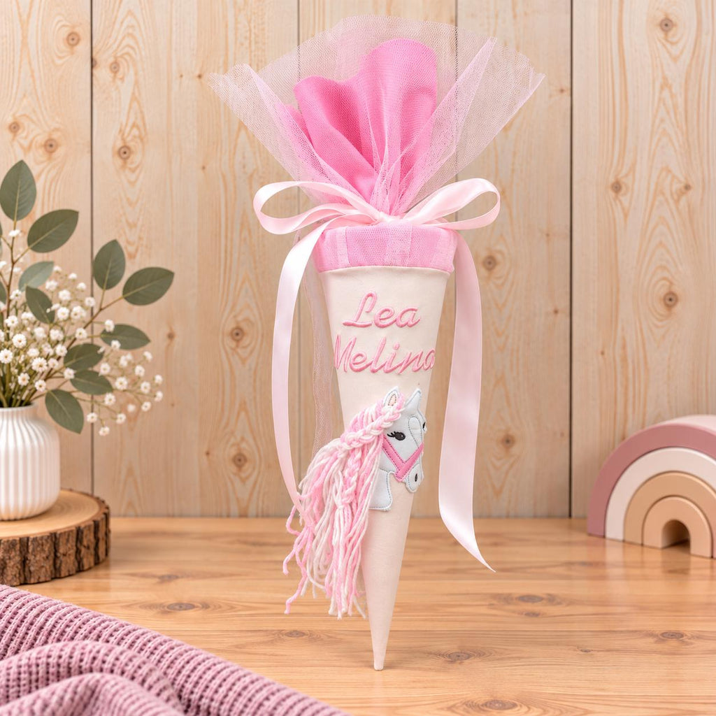 Kindergartentüte Pferd personalisiert, Stoff Kindergartentüte mit Namen, Kindergartenstart, Mädchen Geschenk Kindergarten