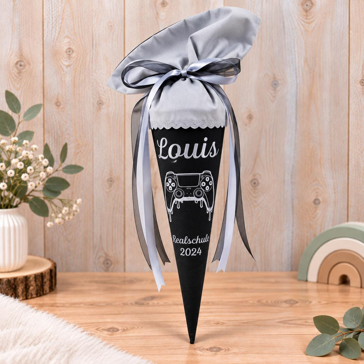 Schultüte Gaming personalisiert mit Namen, Stoff Zuckertüte für Jungen, Playstation Gamer Schultüte, Einschulung Geschenk