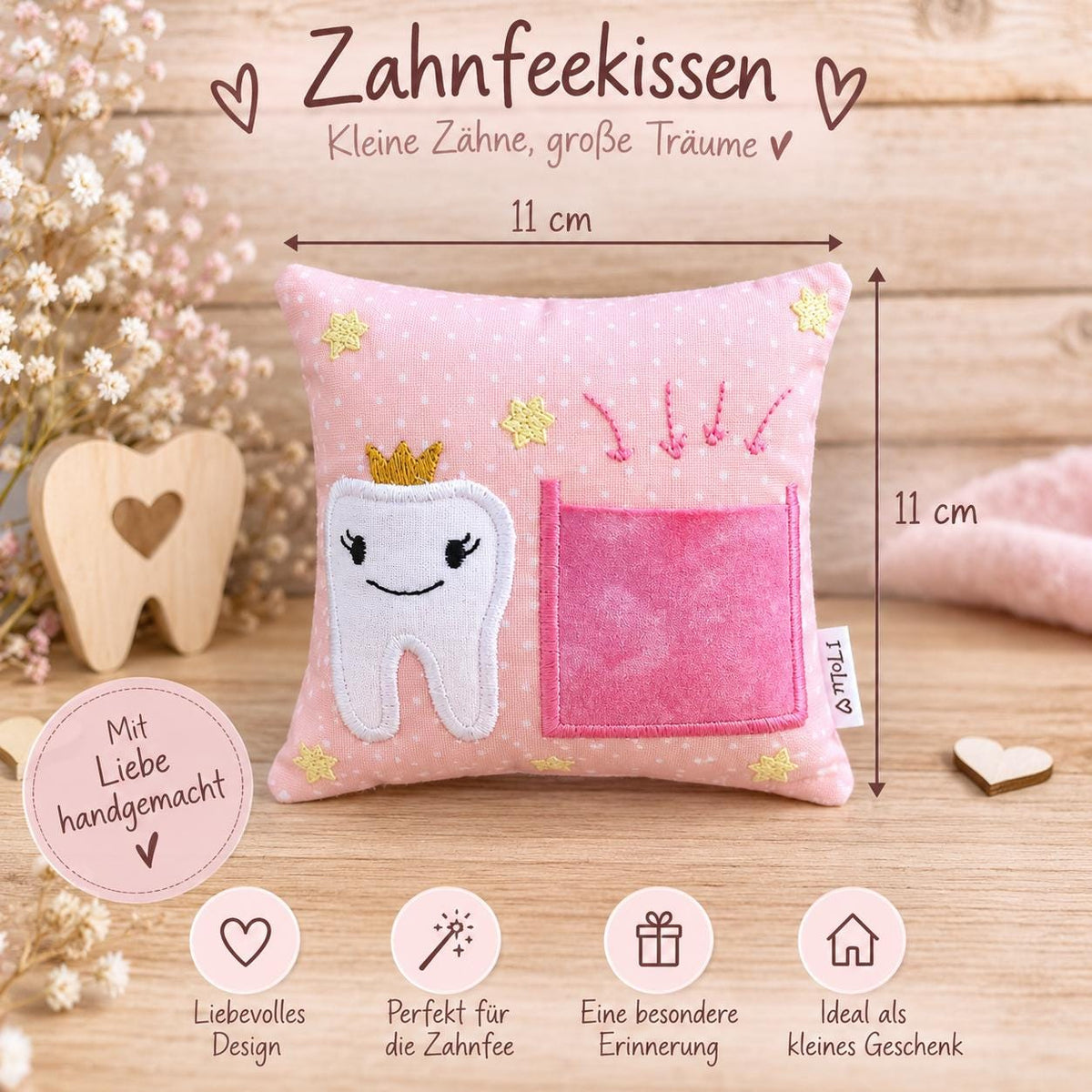 Zahnfeekissen rosa 11×11 cm – Handgemacht mit Tasche | Zahnfee Geschenk für Kinder