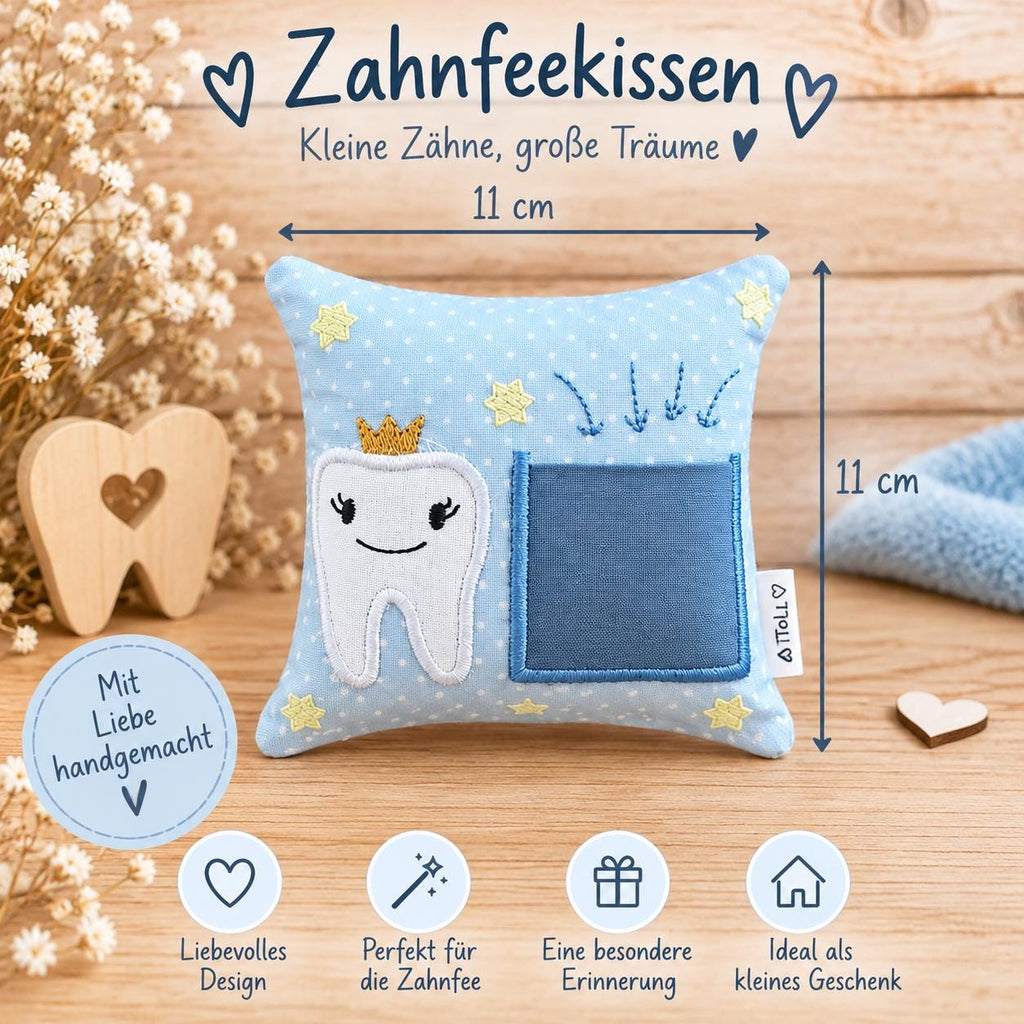 Zahnfeekissen hellblau 11×11 cm – Handgemacht mit Tasche | Zahnfee Geschenk für Kinder