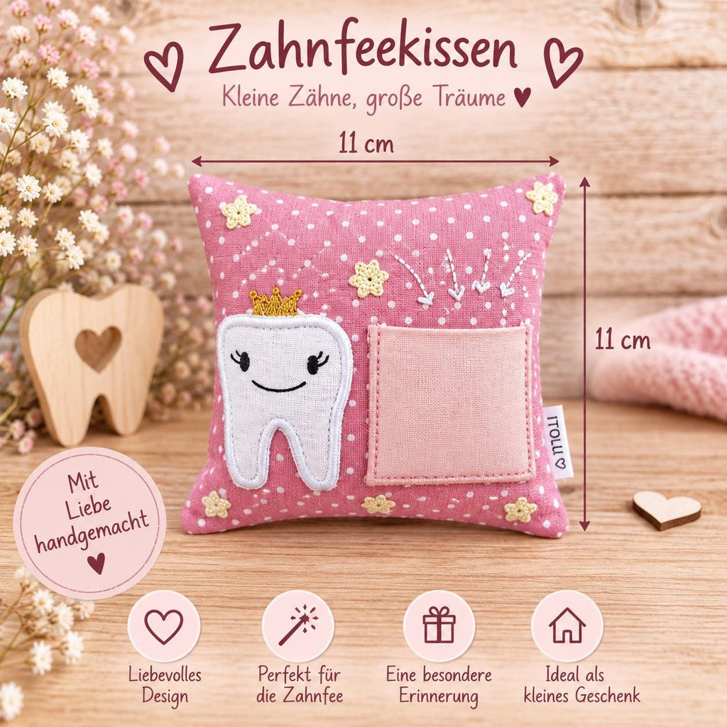 Zahnfeekissen altrosa 11×11 cm – Handgemacht mit Tasche | Zahnfee Geschenk für Kinder