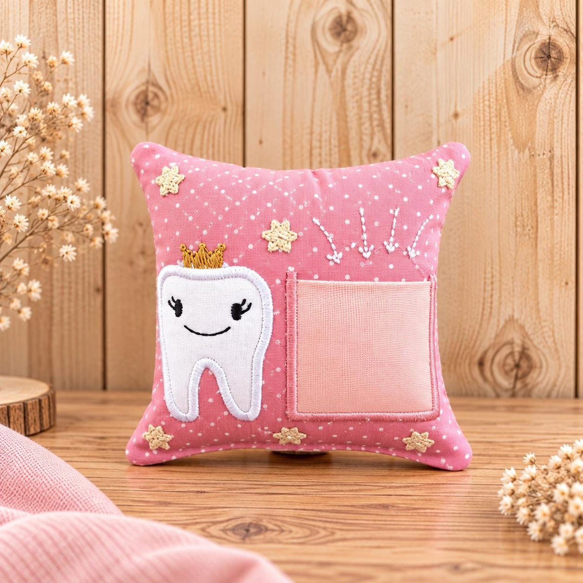 Zahnfeekissen altrosa 11×11 cm – Handgemacht mit Tasche | Zahnfee Geschenk für Kinder