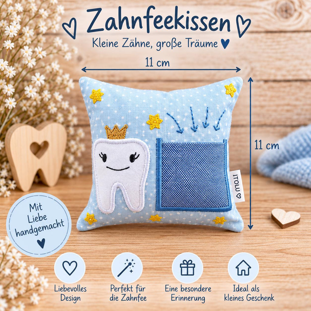 Zahnfeekissen hellblau 11×11 cm – Handgemacht mit Tasche | Zahnfee Geschenk für Kinder
