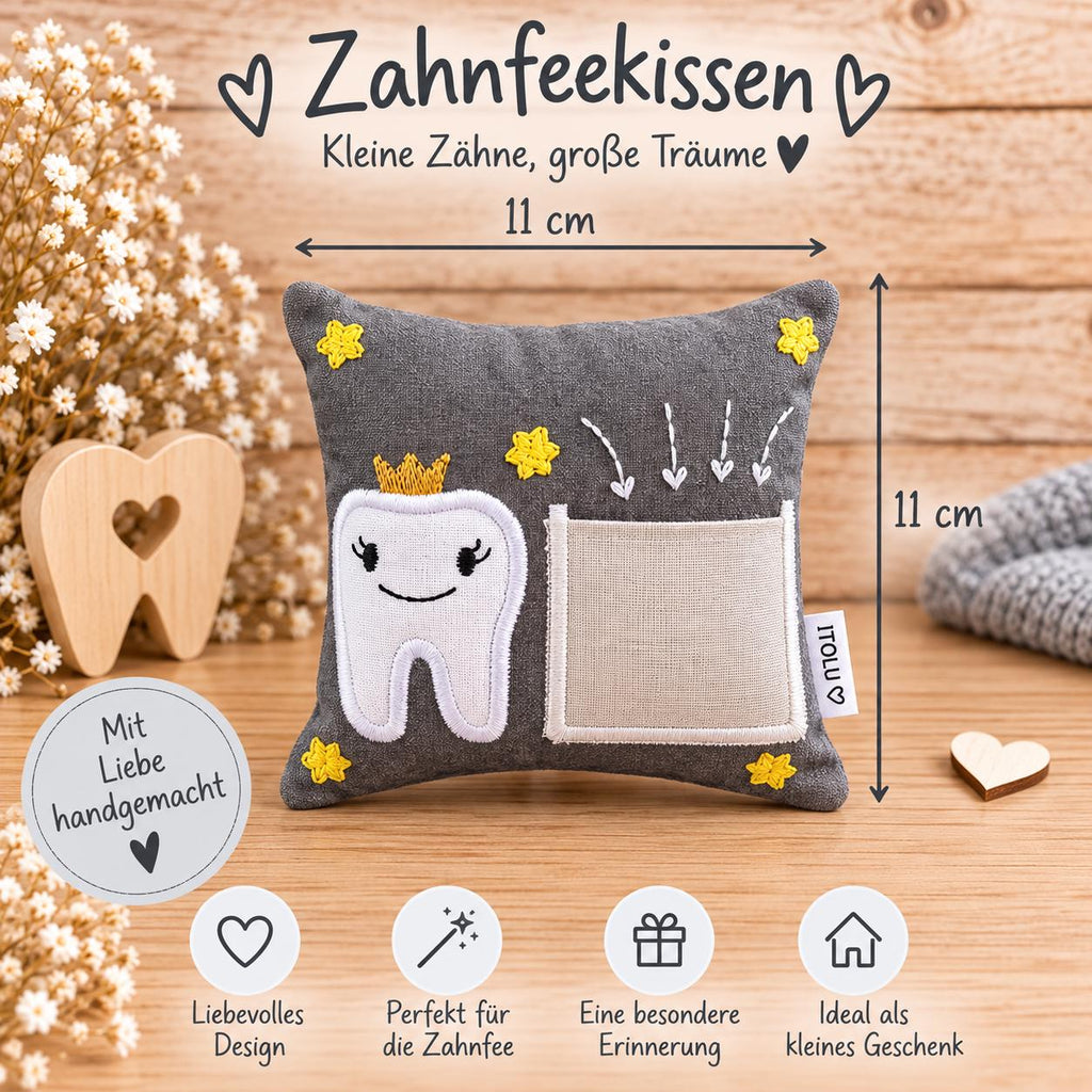 Zahnfeekissen grau 11×11 cm – Handgemacht mit Tasche | Zahnfee Geschenk für Kinder