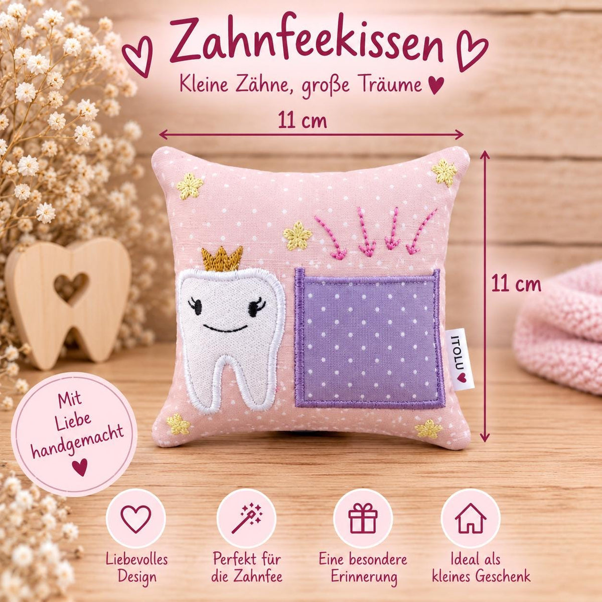 Zahnfeekissen rosa 11×11 cm – Handgemacht mit Tasche | Zahnfee Geschenk für Kinder