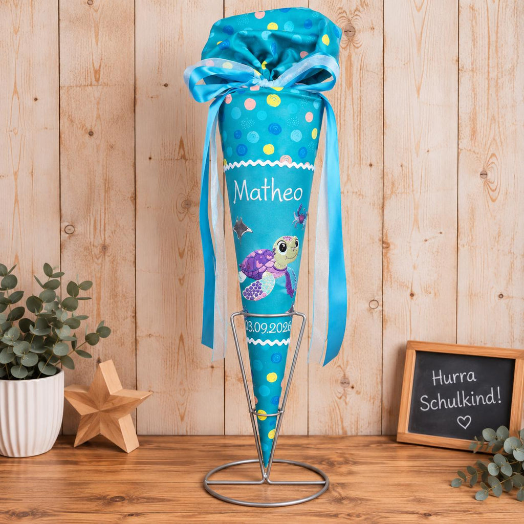Schultüte mit Schildkrötenmotiv passend zum Step by Step Turtle Josie, personalisierte Stoff Schultüte, Zuckertüte zur Einschulung
