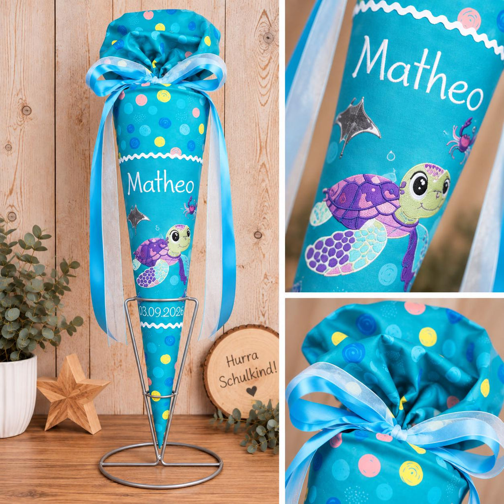 Schultüte mit Schildkrötenmotiv passend zum Step by Step Turtle Josie, personalisierte Stoff Schultüte, Zuckertüte zur Einschulung