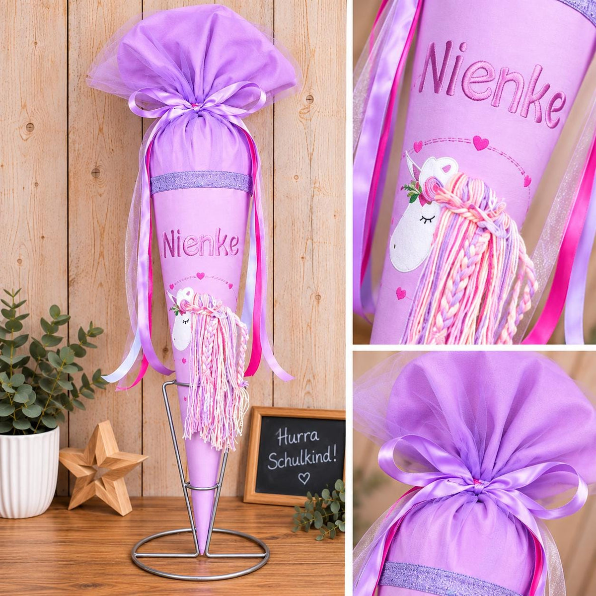 Einhorn Schultüte personalisiert, Stoff Zuckertüte Mädchen, Schultüte mit Namen, rosa lila Schultüte, Einschulung Geschenk