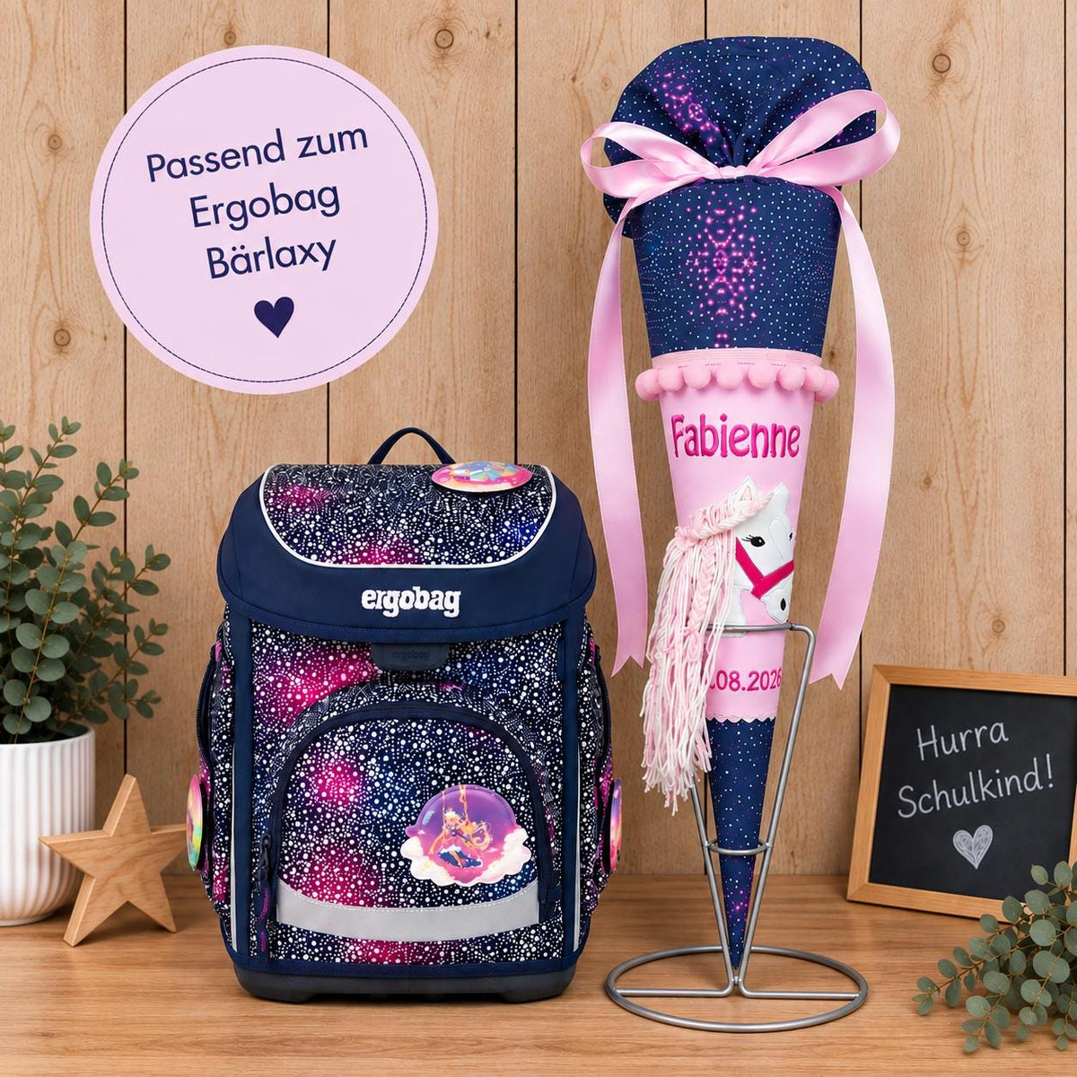 Schultüte passend zum Ergobag Bärlaxy, Pferde Schultüte personalisiert, Stoff Zuckertüte Mädchen, Schultüte mit Namen