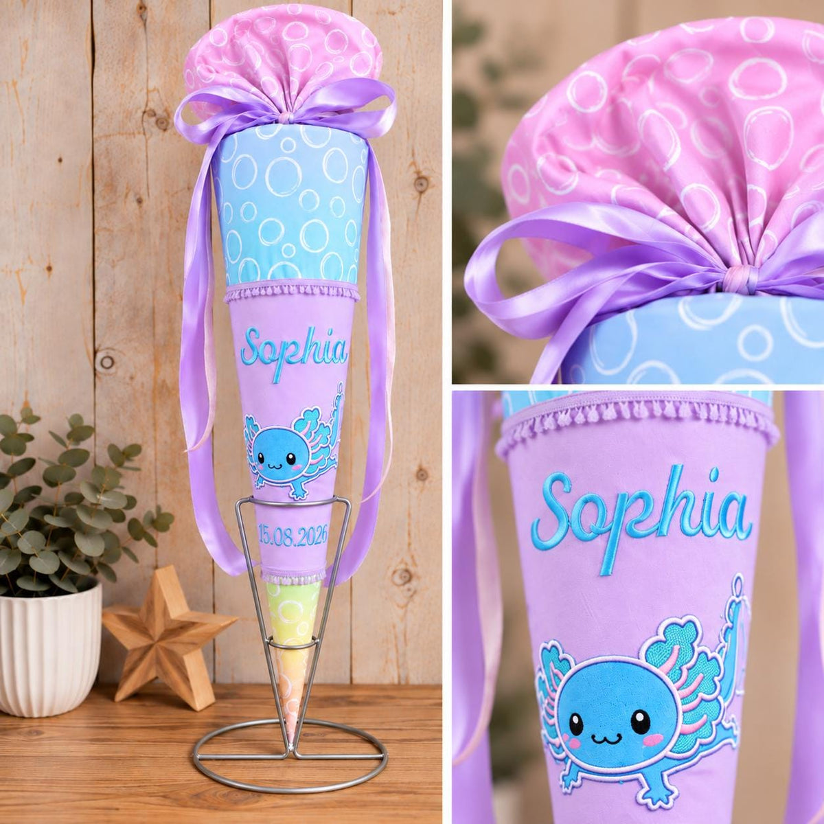 Schultüte Axolotl Mädchen passend zum Ergobag Zaubärwelt personalisierte Zuckertüte mit Name Stoff Schultüte