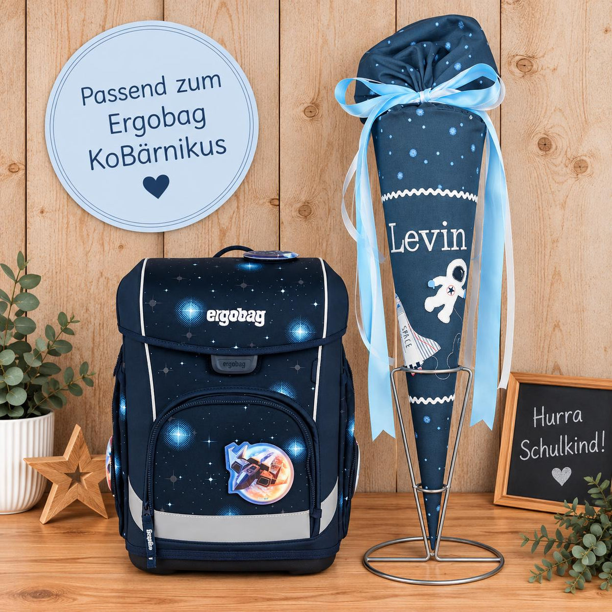 Personalisierte Schultüte Weltraum mit Namen, passend zum Ergobag KoBärnikus, Zuckertüte Junge Einschulung Stoffschultüte