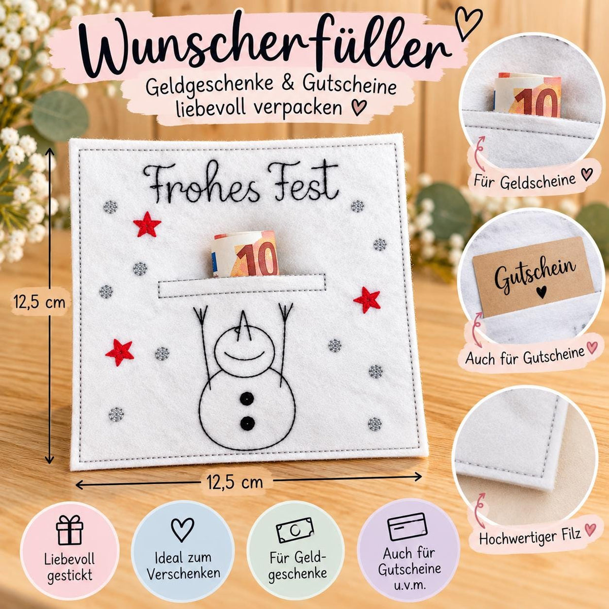 Wunscherfüller, Geldgeschenk Verpackung, Frohes Fest, Geldgeschenk, Geld schön verschenken, Geschenkverpackung, 12,5 x 12,5 cm