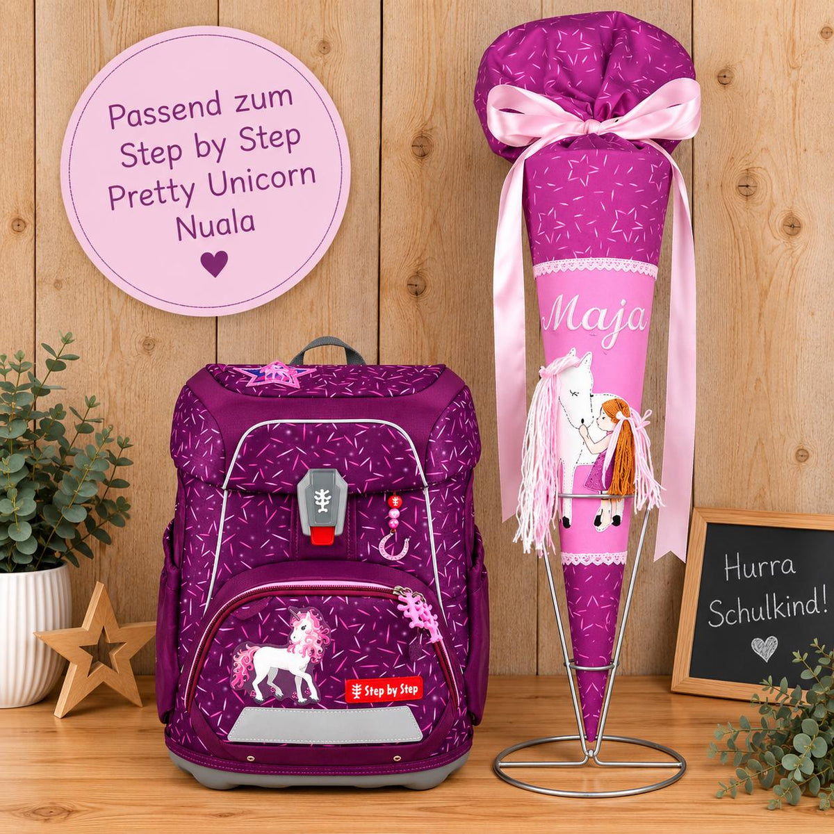 Schultüte passend zum Step by Step Pretty Unicorn Nuala, Pferde Schultüte personalisiert, Stoff Zuckertüte Mädchen, Einschulung