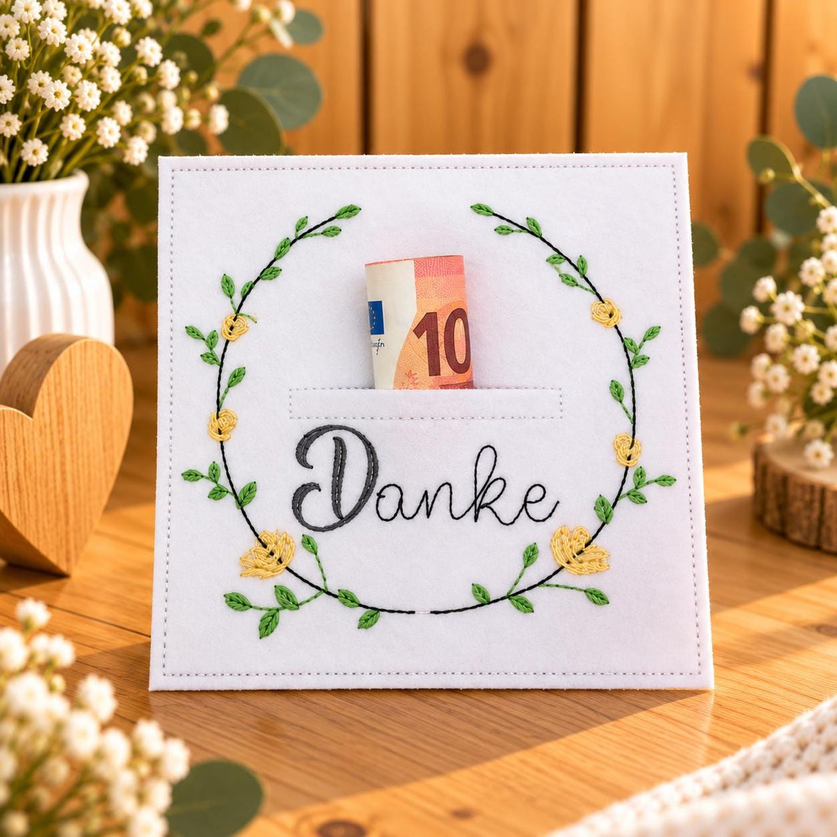 Wunscherfüller aus Filz, Gutschein Geschenk, Dankeschön Geschenk, Geldgeschenk Verpackung, Filz Geschenk, Blumenkranz, kleine Aufmerksamkeit