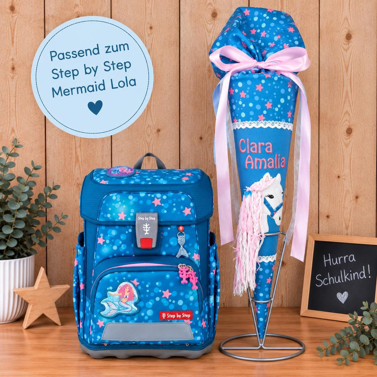 Stoffschultüte passend Step by Step Mermaid Lola, Einschulung Mädchen, personalisierte Schultüte mit Pferdemotiv