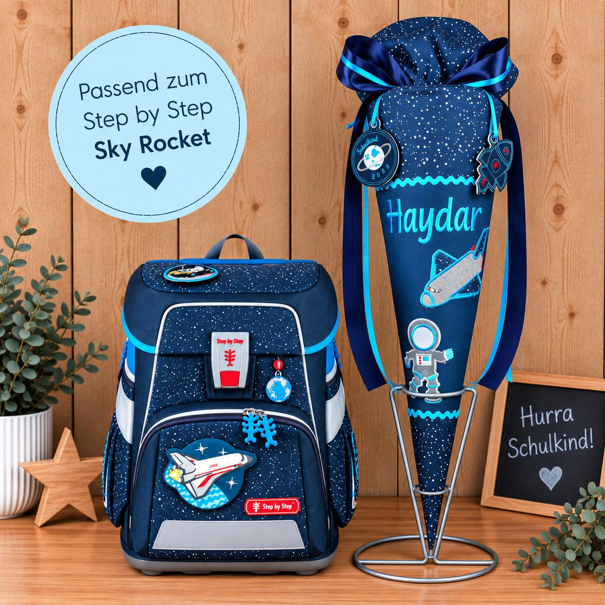 Schultüte Weltraum Rakete personalisiert, passend zum Step by Step Sky Rocket, Stoffschultüte Einschulung, Zuckertüte Junge, mit Anhänger