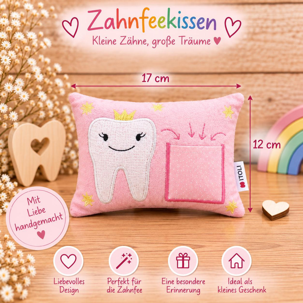 Zahnfeekissen, Zahnfee Kissen für Kinder, Zahnkissen mit Zahntasche, Zahnfee Geschenk, Milchzahn Kissen, Geschenk für Mädchen, handgemacht